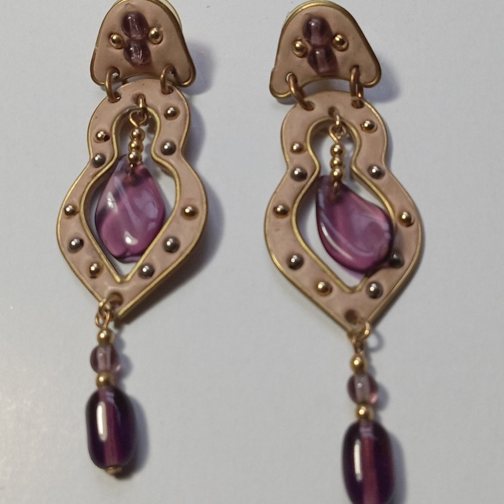 Vintage Pink Dangle Pierced Earrings with Amethyst Beads